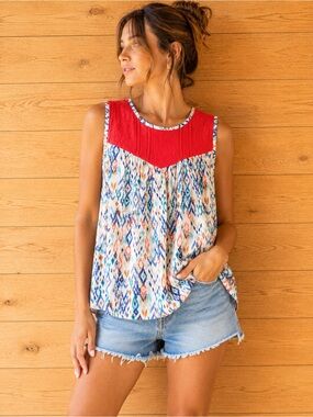 Sleeveless Red Yoke Ikat Print Women's Tank Top